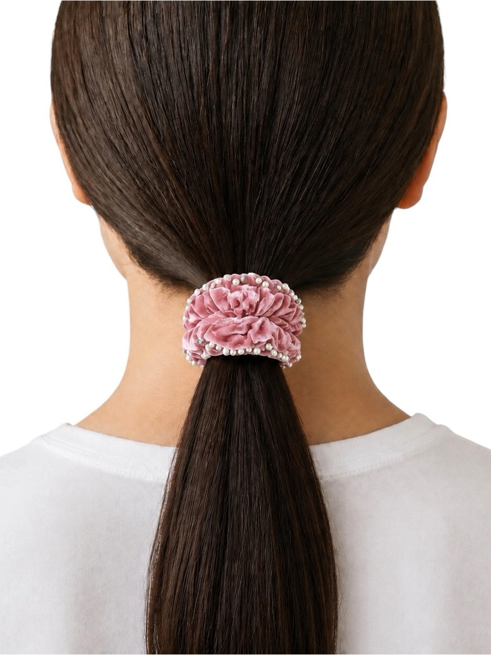 New Light Pink Velvet Allover White Pearl & Rhinestone Comfy Scrunchie Hair Tie
